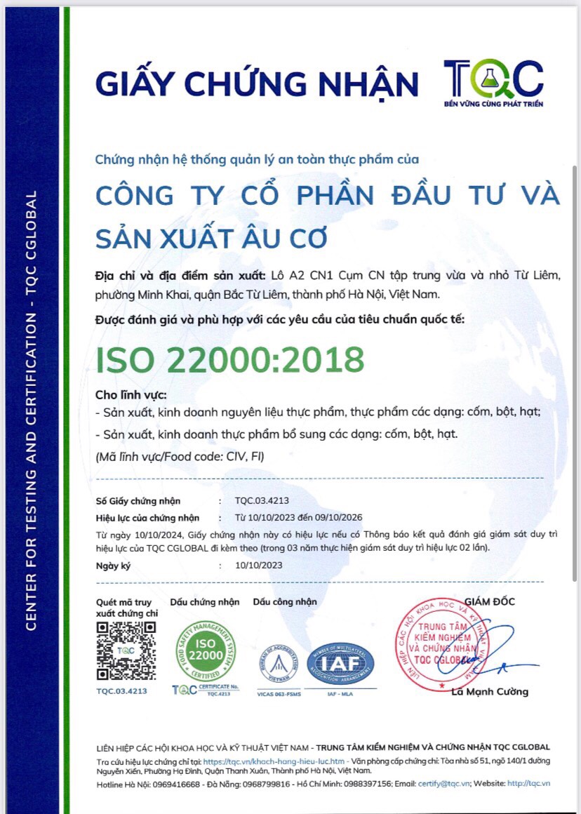 CÔNG TY ÂU CƠ ĐƯỢC CẤP GIẤY CHỨNG NHẬN ISO 22000:2018
